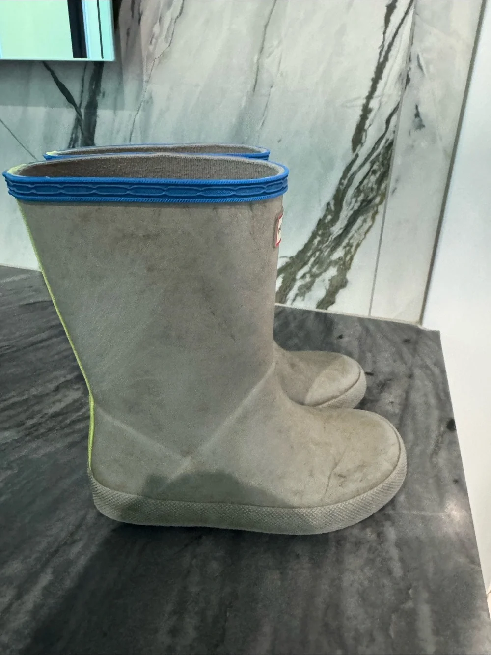 Hunter Kids Gray Rubber Rain Boots with Blue Trim